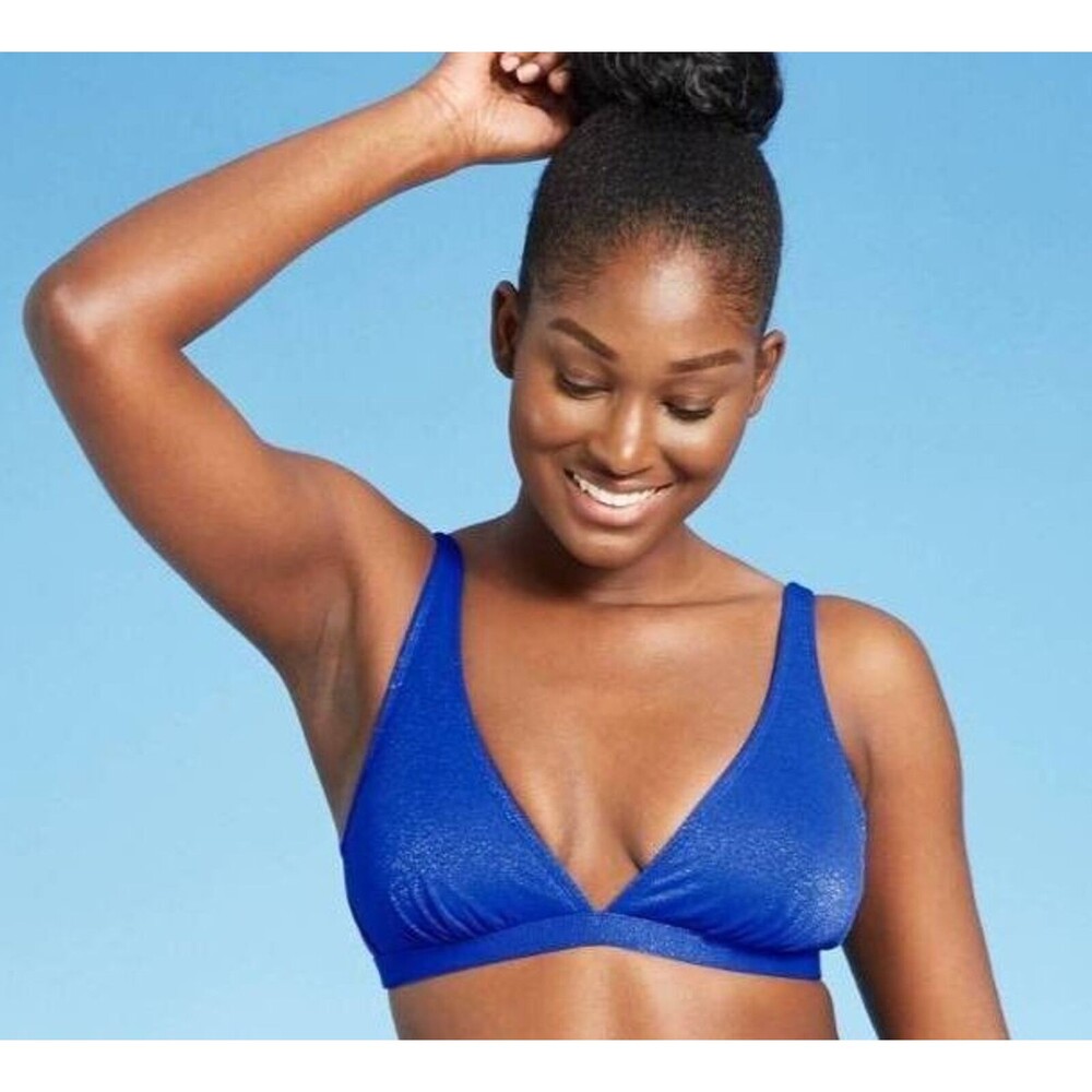 Xhilaration Women's Juniors' Swim Metallic Bralette Bikini Top, Blue Adjustable